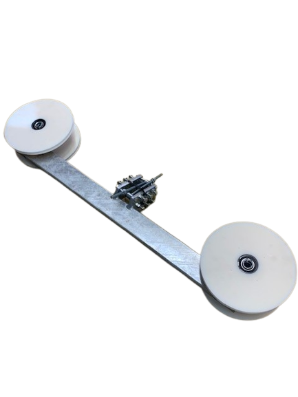 Hollow axle for elevator pulleys on roller beam